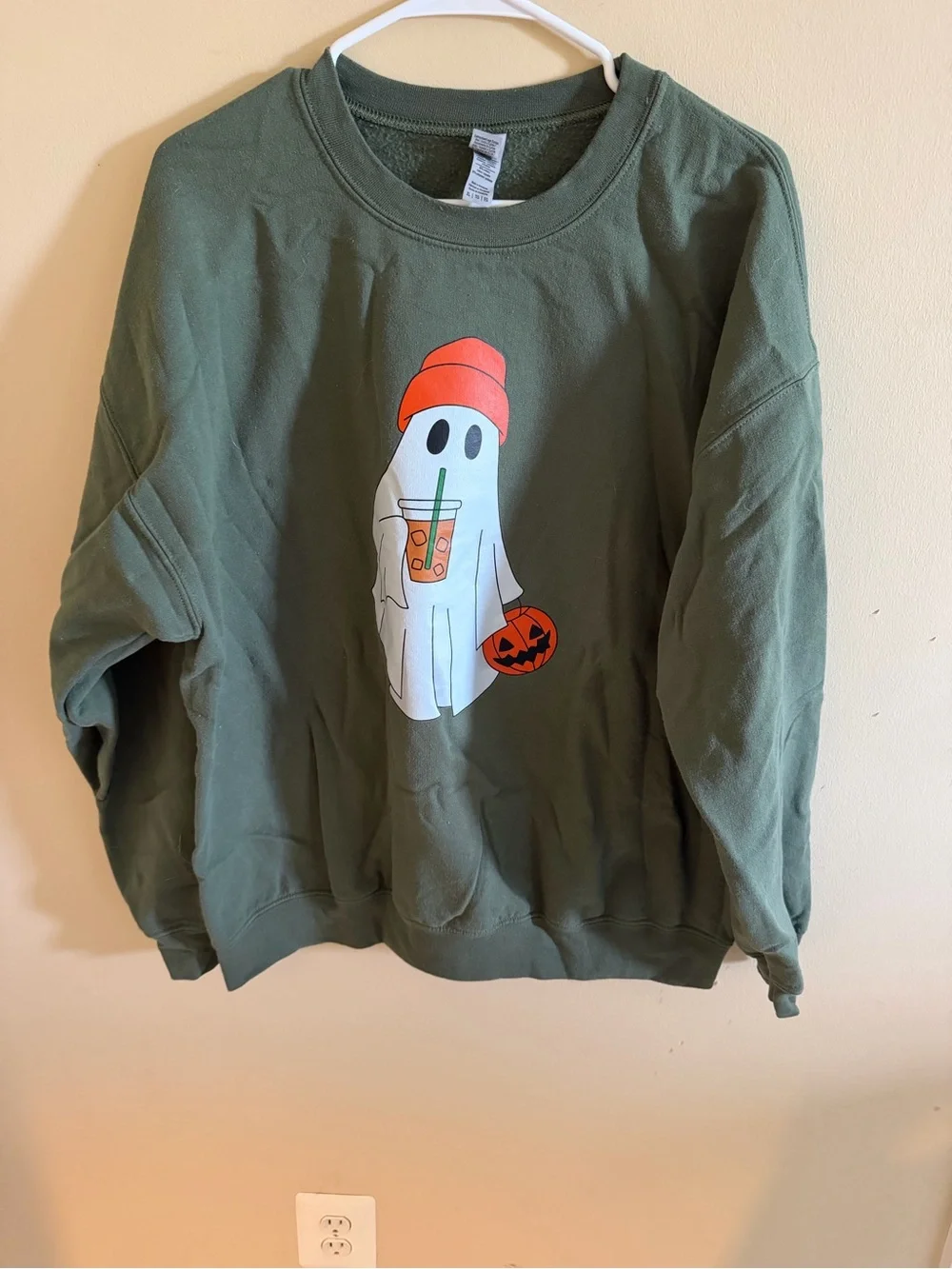 Olive Green Ghost Graphic Sweatshirt with Orange Accent